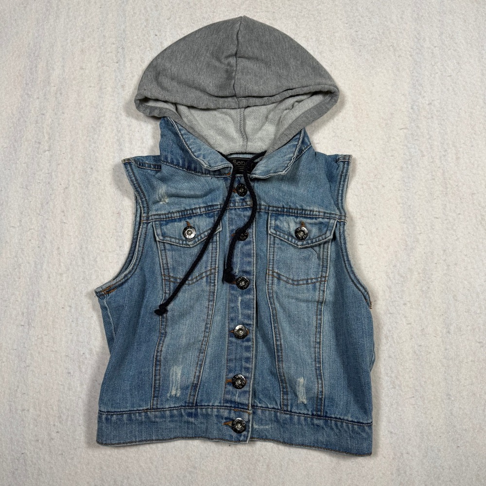 Ci Sono Kids Denim Hooded Vest Light Wash Distressed Blue Grey Size Medium